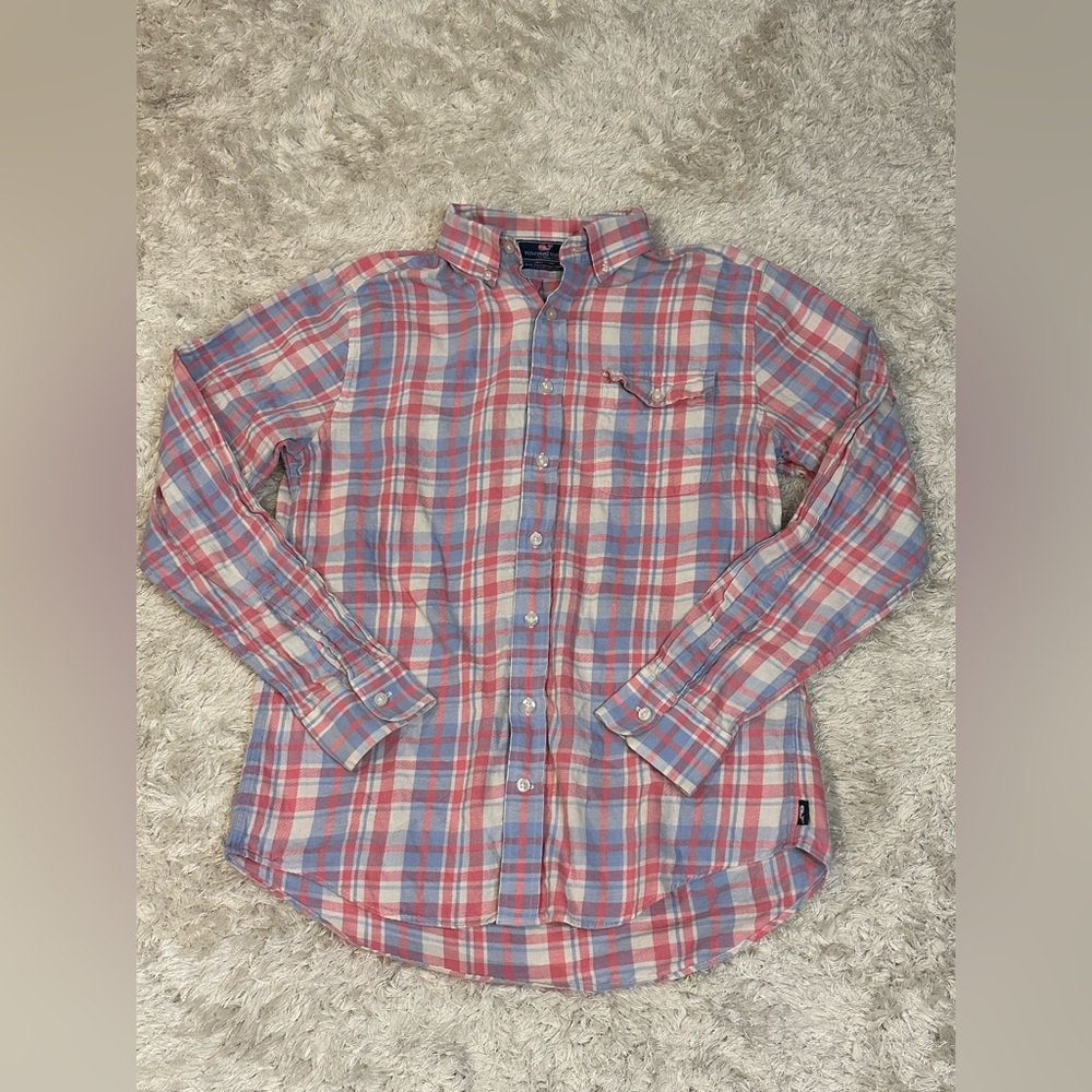 Vineyard Vines Men’s Pink and Blue Plaid Slim Fit Shirt - Large